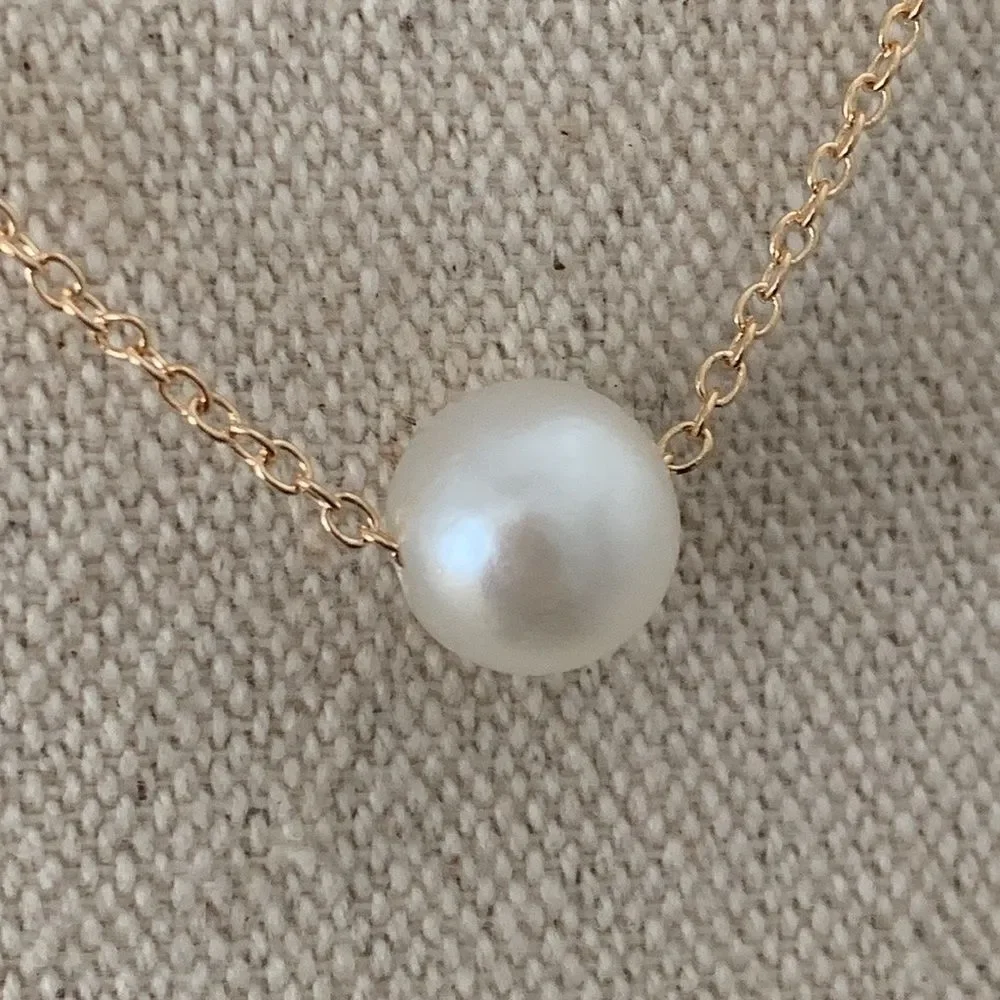 Minimalist Single Floating Faux Pearl Necklace, Gold Tone Chain